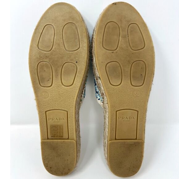 Prada Nastro Jacquard Blue White Embroidered Logo Espadrilles Flats Slippers - Picture 9 of 11